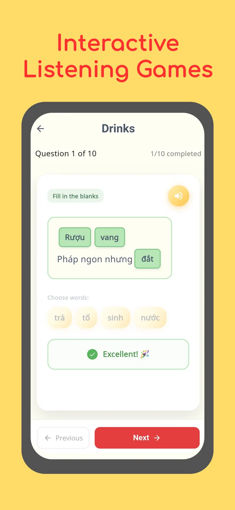 PhoSpeak interactive Vietnamese listening comprehension game with fill-in-the-blank exercises