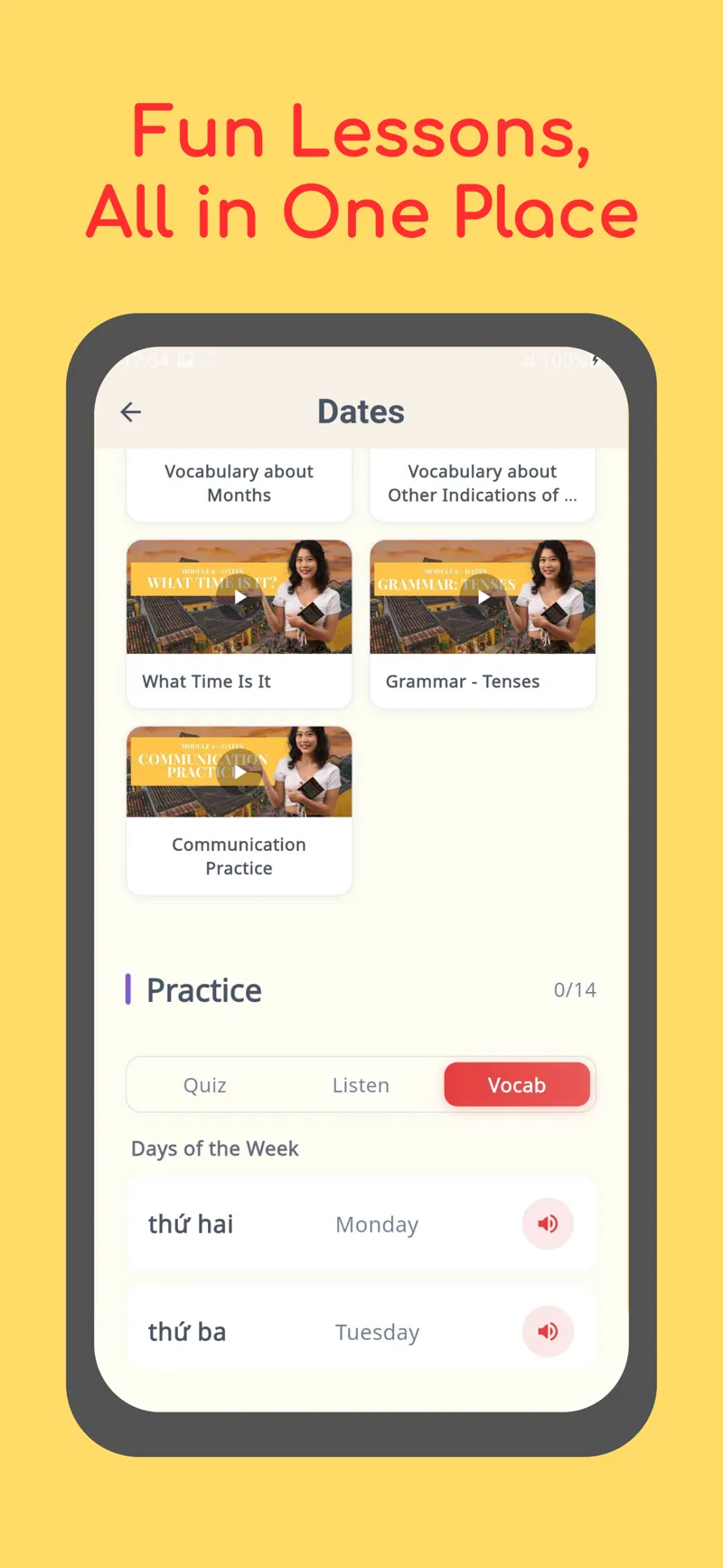 PhoSpeak Vietnamese vocabulary lessons with audio, grammar exercises, and interactive practice