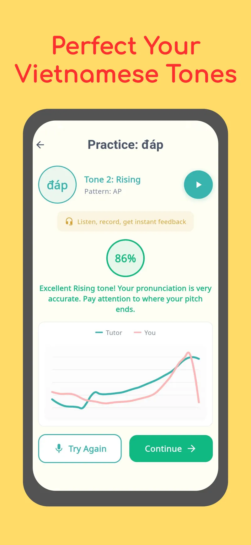 PhoSpeak Vietnamese tone practice screen showing all 6 tones with pronunciation feedback and progress tracking